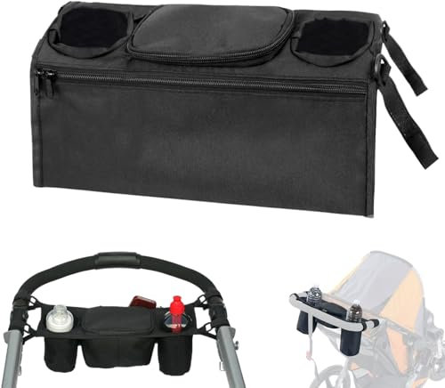 Kinderwagen Organizer Tasche, Buggy Organizer Tasche mit 2 Becherhalter, Kinderwagentasche Universal, Baby Stroller Storage Bag, Tragbare Kinderwagen Reißverschlusstasche für Windeln/Flasche/Tücher