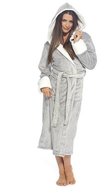 GM Apparel Ladies Dressing Gown Fluffy Hooded Bathrobe – Super Soft Plush Women’s Cozy Robe Teddy Fleece Lined (GREY, 16-18)
