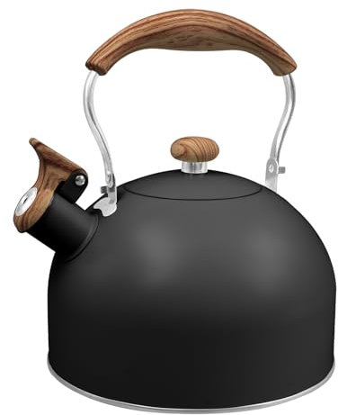Whistling Kettle for Stove Top 2.5L Stainless Steel Teapot with Wood Pattern Folding Handle Stovetop Camping Kettle for Boiling Water Coffee Tea Milk (Black)