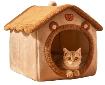 Cat Bed for Indoor Cats,Cozy Cat Cave Bed Cat House Cat Tent with Removable Cushion Pillow,Soft Warm Pet House Puppy Bed,Cute Bear Pet Nest for Cat Kitten Small Dogs (Brown, L-20.5x16.9x19.7 Inches)