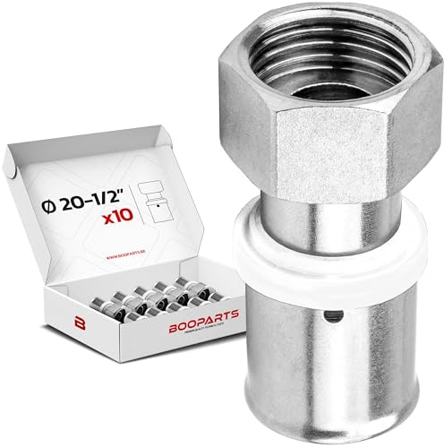 BOOPARTS – Raccordo Diritto con Dado Girevole a Pressare Ø20 mm x 1/2 per Tubo Multistrato | Profilo TH | Ottone Nichelato | Set da 10 Pezzi