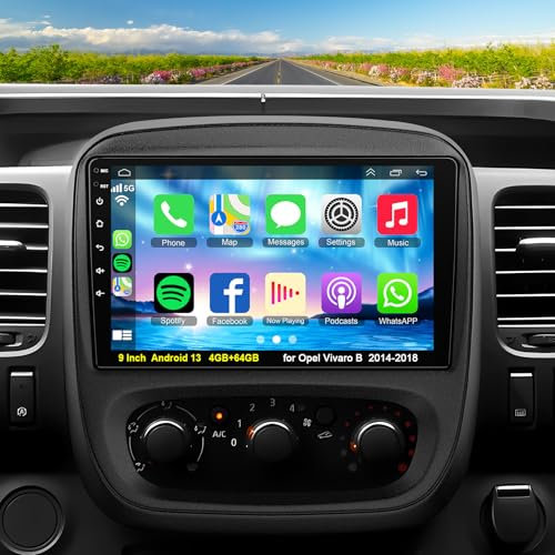 4+64GB Car radio for Opel Vivaro B 2014-2018 with Wireless Carplay & Android Auto, 9 inch Android 13 Vivaro B stereo with Voice Control Bluetooth 5.2 WiFi GPS SWC EQ FM RDS Backup Camera Mic