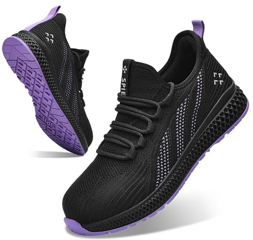 SPIEZ Zapatos de Seguridad Mujer, Zapatos de Trabajo Ligeros con Puntera de Composite, Zapatillas de Seguridad sin Antideslizante, Negro-Morado, EU 37