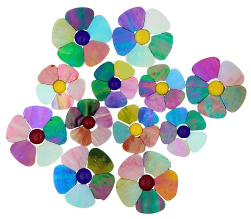 Yuvori Piastrelle per mosaico di fiori iridescenti, 12 pezzi di dimensioni miste, fiori di mica iridescenti a 5 petali con perline centrali per mosaico fai da te, giardino delle fate, artigianato per