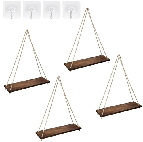 Chihutown Wood Wall Hanging Shelf Set of 4, Macrame Hanging Shelves, Wall Hanging Shelf for Bedroom Bathroom Living Room Nursery Dorm Room (Dark Brown)