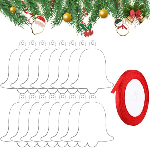 YXHZVON Adornos Navideños Acrílicos, 16 Piezas Colgantes Navideños Decoraciones Campana para Árboles Cadena Roja Adjunta de 22 m, Adornos Transparentes para Árboles de Navidad DIY