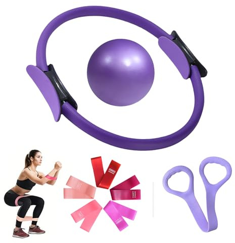 Kit Pilates Maison, Pilates Ring Set, Accessoires Pilates Femme Comprend Ballon Pilates, Anneau Pilates et des Bandes de Résistance, Pilates Kit pour la Force, la Flexibilité, la Stabilité (B)