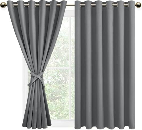 DWCN Extra Wide Blackout Eyelet Curtains with Tiebacks W90 x L54 Inch Grey | 2 Panels, Thermal Insulated, Energy Saving, Room Darkening Curatin Drapes, for Bedroom Living Room