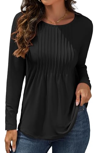 GRECERELLE T-shirt à col rond et manches longues pour femme - Style décontracté - Plissé sur le devant - Coupe classique, Noir , L