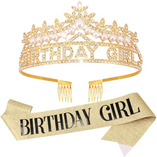 Gold Birthday Girl Crown and Sash, Pearl Birthday Tiara, Gold Birthdays Decorations Set, Princess Crown Tiara for Women and Girls