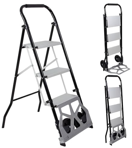 DAWNYIELD Diable Pliant 2-en-1 & Échelle à 3 Marches, Échelle à 3 Marches en Acier Pliante, Diable Convertible avec Marches Larges, Diable Transportable à Roues, Escabeau en Aluminium 150kg