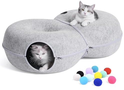 DOOKRON 8-Shaped Large Cat Tunnel Bed for Indoor Cats, Infinite Circulation Peekaboo Cat Cave with 12 Toy Balls, Donut Tunnel for Cats up to 14kg (Light Grey, L)