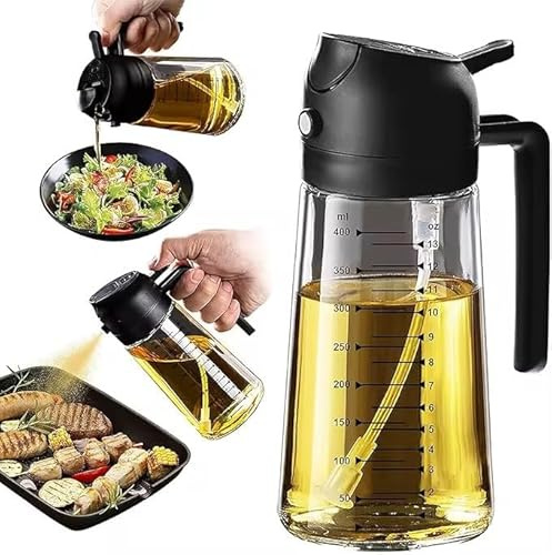 APM 2-in-1 Glass Olive Oil Dispenser Bottle 470ml – Oil Sprayer & Pourer with Measurements – Leak-Proof Vinegar & Dressing Bottle for Air Fryer & Cooking