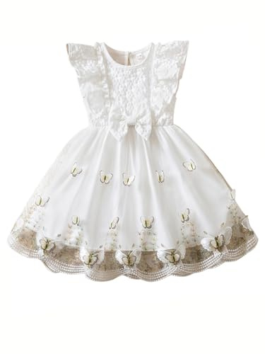 JiAmy Babyflickklänning, tyll, prinsessa, festlig klänning med kåpsömmar, 3D fjärilsbroderi, sommarklänning, blomsterflicksklänning, festklänning, 9 månader – 3 år, Vitt, 12-18 Monate