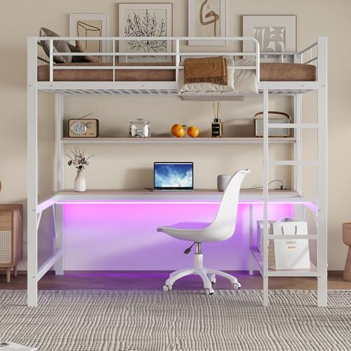 Yihomfy Lit Mezzanine 2 Places 140x200 avec LED et USB C, Lit en Métal avec Bureau et étagère et Rambarde, Lit Mezzanine avec Escalier, Lit en Hauteur Structure en Fer, Blanc (Matelas Non Inclus)