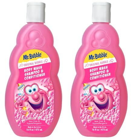 Mr. Bubble Kids Original 3in1 Shampoo, Conditioner, Body Wash – Hypoallergenic, Tear Free Bubble Gum Scented, Creates Big Bubbles In The Tub And Shower (Pack Of 2 Bottles, 16 fl oz Each)