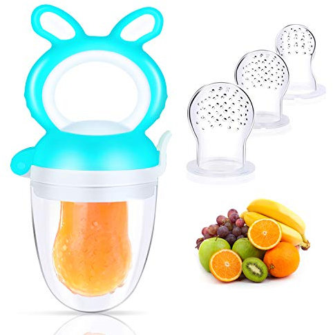 Oladwolf Fruchtsauger Baby, Fresh Fruit Schnuller für Baby & Kleinkind mit 3 Silikon Obstsauger Nippel Ersatz in 3 Größen, BPA Frei Fruchtschnuller Beißring für Obst Gemüse Baby Essen Beikost, Blau