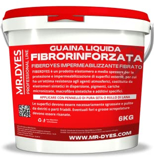 FIBERDYES Guaina Liquida Fibrorinforzata Impermeabilizzante Monocomponente, Gomma Liquida, Membrana Impermeabilizzante, Vari Colori, Formati 1 Kg, 6 Kg, 20 Kg. (6 KG, GRIGIO)