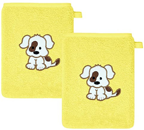 Lashuma 2 Stück Kindertücher zum waschen mit Stick: Hund, Baby Handtücher Gelb, weiches Babytuch 15x21 cm