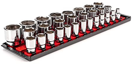 TEKTON 1/2 Inch Drive 6-Point Socket Set with Rails and Tray, 29-Piece (10-38 mm) | SHD92124
