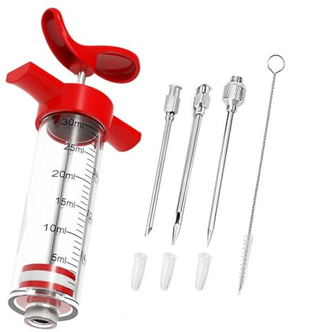 Syfunlv Meat Injector,Plastic Meat Injector Syringe Kit,1-oz Food Seasoning Syringe,Marinade Injection Kit Syringe with Food Injector,for BBQ Grill, Smoker, Turkey, Beef,Meat (Red)