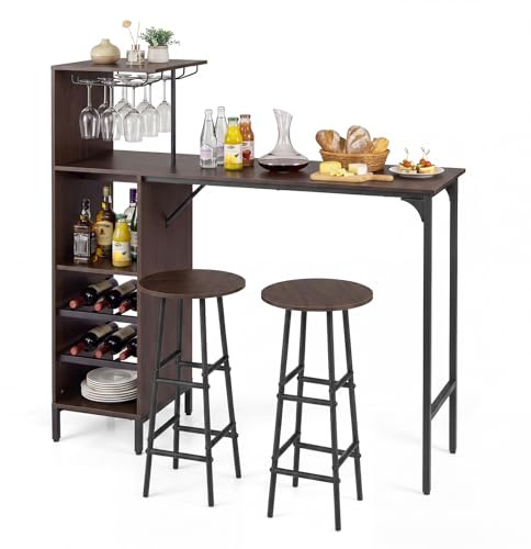 COSTWAY Set 3 Pezzi Tavolo e Sedie da Bar, Tavolo e Sgabelli da Pub Industriale con Porta Calici e 6 Portabottiglie da Vino, Set di Tavolo per Sala da Pranzo, Ristorante e Bar (Marrone)