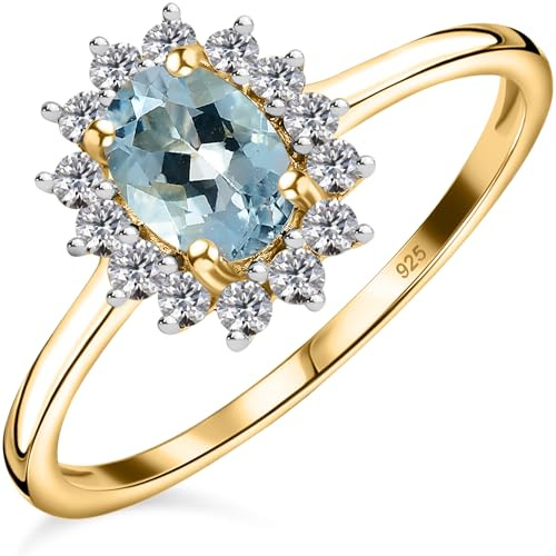 TJC Birthstone Halo Engagement Ring for Women, 925 Sterling Silver 18K Yellow Gold Vermeil Aquamarine Gemstone Ring, Vintage Royal Halo Ladies Statement Jewellery Gift Size K