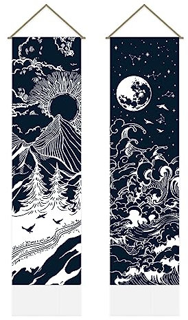 AHANDMAKER Wandteppich, Sonne und Mond, Marineblau Wandteppich, Sternenhimmel, Berg, Wandbehang, Kunst, mystische gotische Wanddekoration für Wohnzimmer und Schlafzimmer (130 x 33 cm)