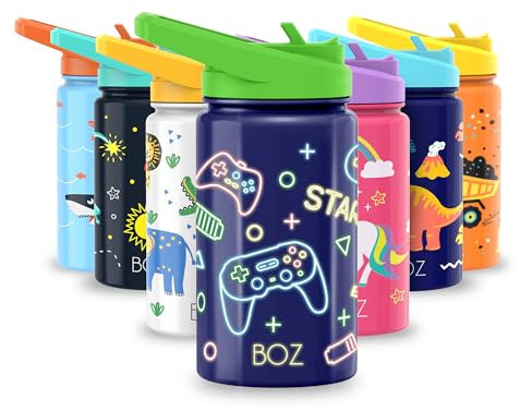 BOZ Botella Agua Niños con Pajita - Botella Agua Acero Inoxidable 414 ml, Botella Térmica Aislamiento Doble Pared Sin BPA, Botella Isotérmica Antiderrame con Asa Apta para el Lavavajillas (Juego)