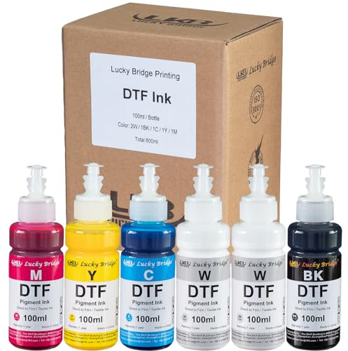 Lucky Bridge DTF Ink 6x100ml Premium Pigment Ink for PET Film Heat Transfer Printing Refill ink for all Epson DTF Printer with printhead DX5 DX7 5113 XP600 I3200 etc.- (600ml) UK