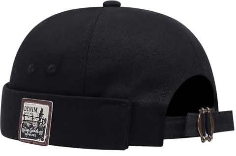 Malaxlx Label Black Docker Cap Brimless Beanie Skull Cap Retro Rolled Cuff Adjustable Cotton