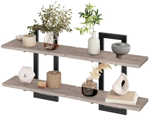 HOOBRO Étagères Flottantes, Étagères Murales de 38 cm, Lot de 2, Étagères Murales à 2 Niveaux, Étagères Suspendues pour Salon, Chambre, Salle de Bain, Cuisine, Grège EBG32BJ01