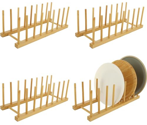 MUXHEL 4PCS Wooden Dish Rack, 8 Slots Bamboo Wooden Plate Rack for Cupboard Plate Drainer Rack, Wooden Plate Organiser for Kitchen Cupboard, Bowl, Cup, Cutting Board
