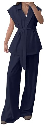 Joggingdräkt damset, sommar, elegant byxdräkt, kavaj, ärmlös kostymjacka, hög midja, vida ben, byxor, 2-delad outfit, overall, lätt fritidsoverall, sportdräkt med bälte, marinblå, S