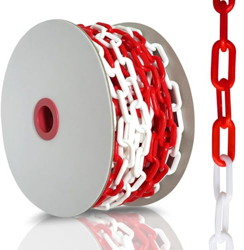 Avstängningskedja, varningskedja, 15 m, röd, vit, plastkedja, avstängning, 6 mm tjock plastplastkedja, för byggarbetsplats, parkeringsplats, arbetsplatser och garage
