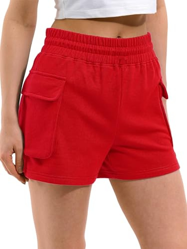 Hanyomo Femmes Fitness Confort Sweat Shorts Athlétique Cordon de Serrage Tissu éponge Coton Shorts Rouge M