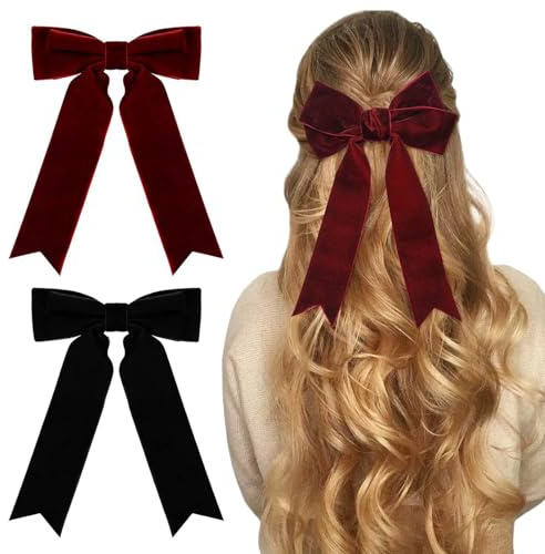 2 fiocchi per capelli da donna, fiocchi per capelli neri in velluto rosso bordeaux, grandi fiocchi per capelli lunghi a molla, in tinta unita, regalo per feste per ragazze e donne