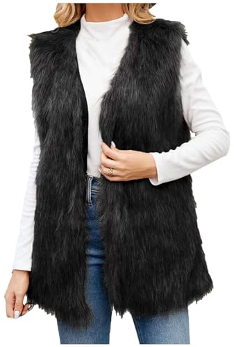 TRIGLICOLEUM Veste longue en fausse fourrure pour femmes - Élégante veste sans manches en fausse fourrure - Manteau en fourrure - Veste d'hiver épaisse et chaude - Veste matelassée en fausse fourrure