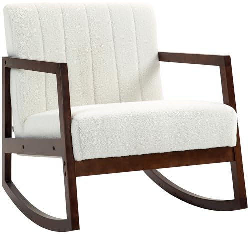 HOMCOM Fauteuil à Bascule Fauteuil Allaitement Rocking Chair en Tissu Effet Laine bouclée avec Pieds en Bois Massif d'hévéa, Chaise à Bascule pour Chambre, Salon - dim. 67l x 93P x 80H cm crème
