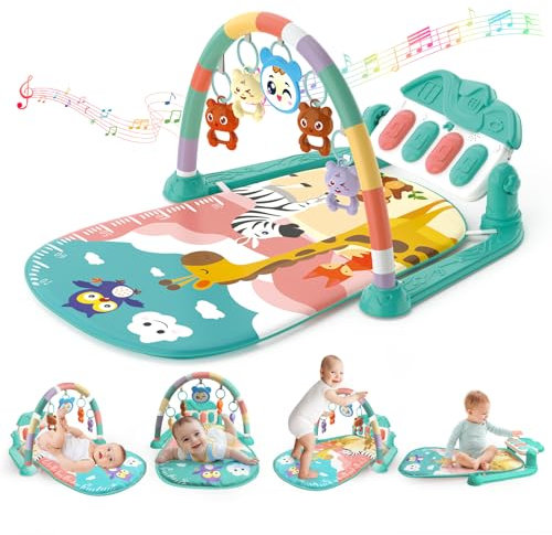 KalaDuck Gimnasio Bebé Montessori 0-6 Meses, Manta Juegos Bebe con Musical de Piano Ajustable y Sonajero, Tapete de Actividades para Caminar, Juguetes Alfombra Sensorial Bebé 6-12 Meses (Verde)