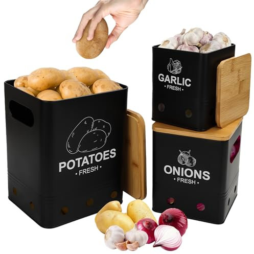 Aevcvok Lot de 3 Boite Pomme de Terre, Rangement Pomme de Terre Oignons Ail avec Couvercle en Bambou, Boîte de Conservation Pomme de Terre Oignons Ail Echalotte, Boite Rangement Cuisine, Noir