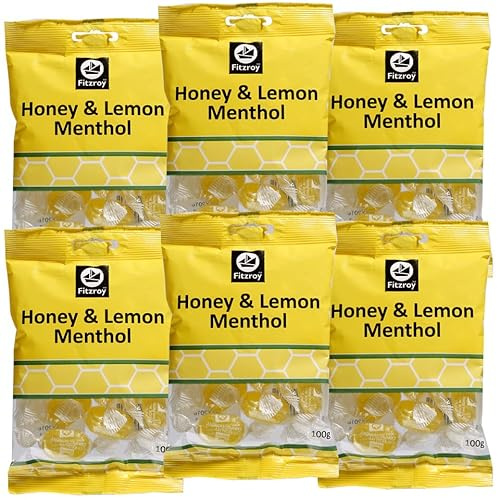 Fitzroy Honey & Lemon Menthol Hard Boiled Sweets 6 x 100g | Sore Throat Lozenges, Cough Drops