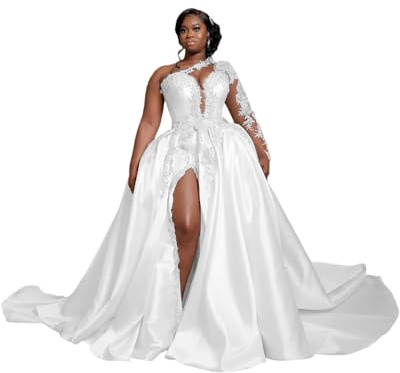 Long Sleeve Bridal Dress for Wedding Satin Split Side Laces Formal Gown One Shoulder Applique White