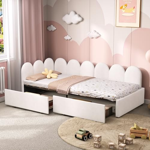 RIAZOS 3ft Single Daybed with Two Storage Drawers, Modern Youth Bed frame with Wooden Slats, Velvet Sofa Bed for Living Room/Bedroom/Study Room, 90X190cm, Easy Assembly, No Mattress, Cream White