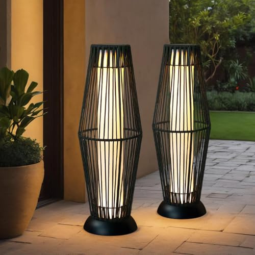 TRIROCKS Solar Garden Lights Outdoor 2 Pack – Waterproof Rattan Solar Floor Lamp, Modern LED Outdoor Lantern for Garden Decor, Patio, Yard, Porch, Home, Lawn & Pathway Decorative Lights, Black