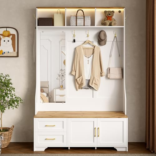 Oslghy Garderobenset Wandgarderobe mit LED Beleuchtung, Garderoben Set mit Spiegel und Schuhbank, Garderobenständer mit Kleiderhaken & Schubladen, Modern Weiß Flurgarderobe mit Sitzfläche, 120x40x187