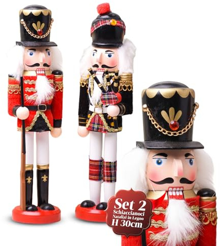 Avilia – Schiaccianoci Natalizi in Legno Dipinti a Mano Set 2 Pezzi per Decorazioni Natalizie Tradizionali e Addobbi per la Casa, Ideali per Tavolo Camino e Regalo di Natale Unico