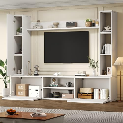 VIVCA Set da parete per TV, 180 x 35 x 33,5 cm, con vetrine (set completo, 4 pezzi), supporto per TV, mensola e 2 mensole da parete, set di mobili per soggiorno, TV, in piedi e sospeso, bianco.