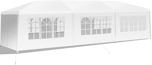 HOMASIS 3 x 9 m Tonnelle de Jardin Imperméable, Auvent Pavillon de Jardin avec 8 Parois Latérales Amovibles et Fenêtres, Protection UV, pour Jardin, Fête, Mariage, Blanc