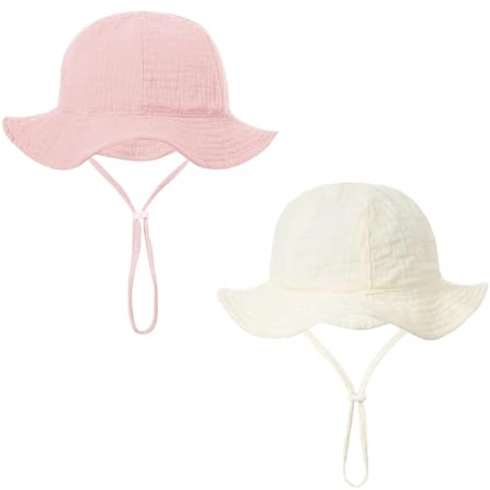 dinghaole 2 Pcs Chapeaux de Soleil pour bébé en Coton Doux, Chapeau Bebe Fille, Large Bord, Chapeau Bebe Anti UV, pour Bébé 3-12 Mois